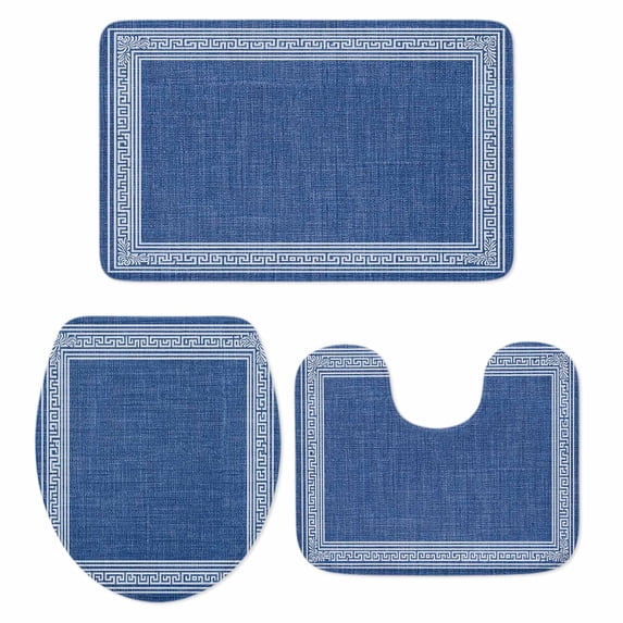 Dark Blue Retro Greek Key Bath Mat 3 Piece Bathroom Rug Set, Geometric Greece Ancient Rustic Non Slip Bath Rug Contour Mat and Toilet Lid Cover, Absorbent Shower Mats Soft Bath Rugs and Mats Sets