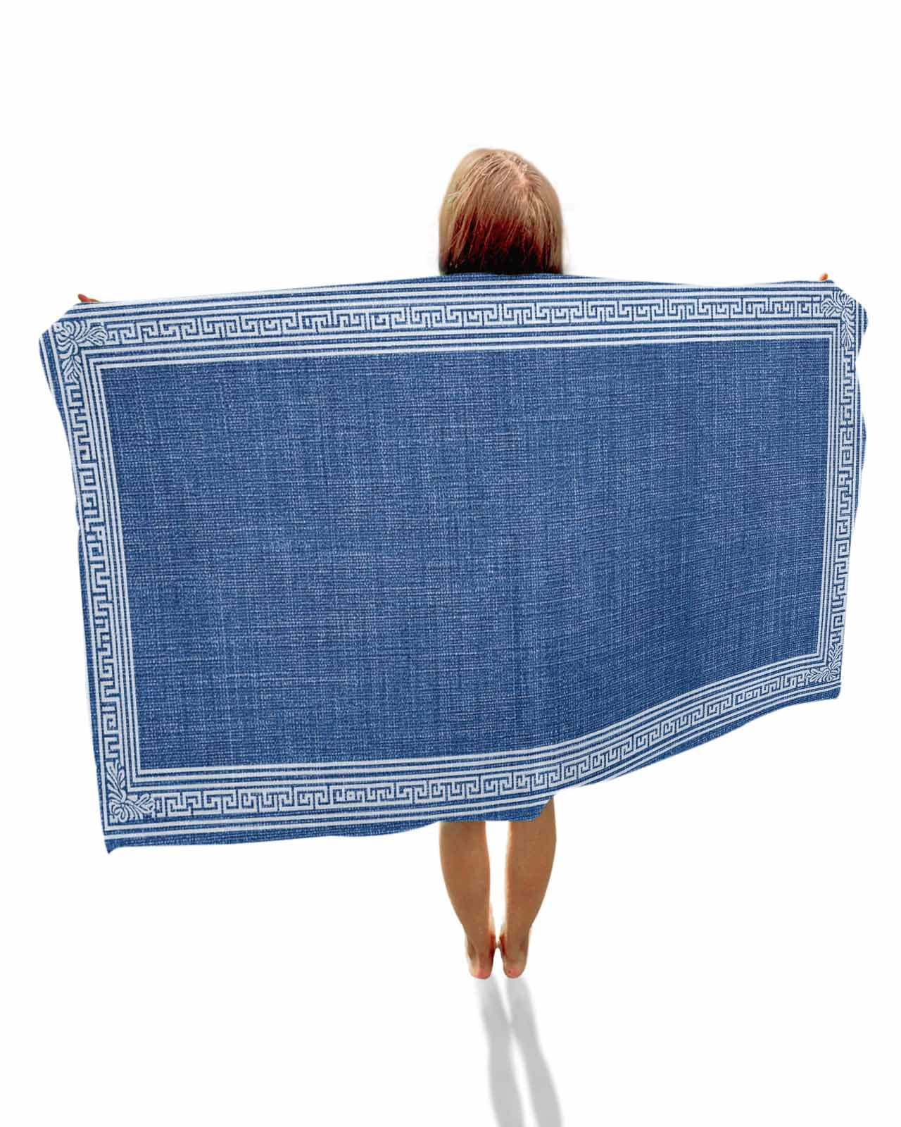 Dark Blue Retro Greek Key Beach Towels Oversized Super Absorbent, Geometric Greece Ancient Rustic Lightweight Bath Towel Quick Dry Sets For Bathroom/Pool/Rv Camping/Beach Play/Gym Room/Picnic 30"x60"
