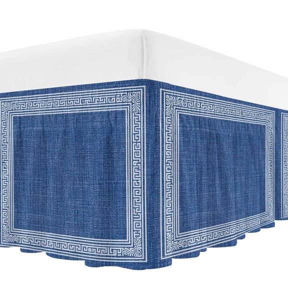 Dark Blue Retro Greek Key Bed Skirt Queen Size,Geometric Greece Ancient Rustic Wrap Around Bed Skirting with Adjustable Elastic Strap,Dust Ruffle Pleated Bedskirts 16 Inch Drop for Bedroom Queen Beds