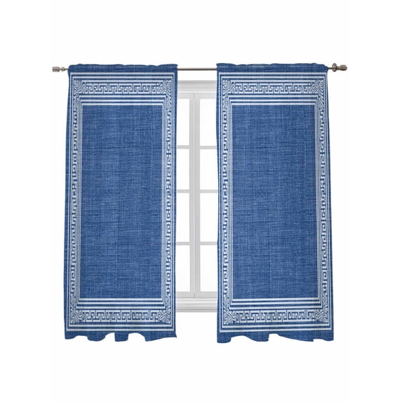 Dark Blue Retro Greek Key Curtains 63 Inch Length,Sheer Curtains for Bedroom Living Room Window Geometric Greece Ancient Rustic Rod Pocket Drapes Kitchen Curtains Small Half Window 42"x63" 2 Panels