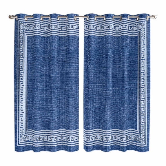 Dark Blue Retro Greek Key Kitchen Curtains 84 Inch Length, Geometric Greece Ancient Rustic Grommet Top Bedroom Living Room Curtains, Light Filtering Cafe Curtain Drapes 2 Panels Set 104''x84''