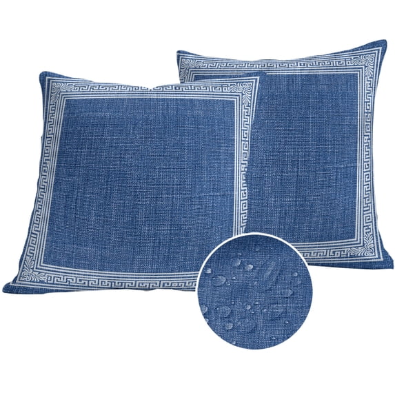 Dark Blue Retro Greek Key Outdoor Pillow Covers 16x16 Set of 2,Waterproof Patio Throw Pillowcase Protectors,Geometric Greece Ancient Rustic Decorative Pillow Shams Cushion Covers for Seat Bed Couch