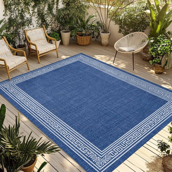 Dark Blue Retro Greek Key Outdoor Rug 6x9 Ft - Reversible Patio Rug Outdoor Camping Rugs, Geometric Greece Ancient Rustic Indoor Outdoor Area Rugs, Non-Slip Outdoor Carpet Runner for Deck/Porch