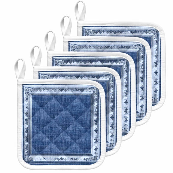 Dark Blue Retro Greek Key Pot Holders for Kitchen Heatproof Potholder, 5 Pack Geometric Greece Ancient Rustic Hot Pads Multipurpose Oven Pads Cloth Potholders Trivet for Cooking Baking