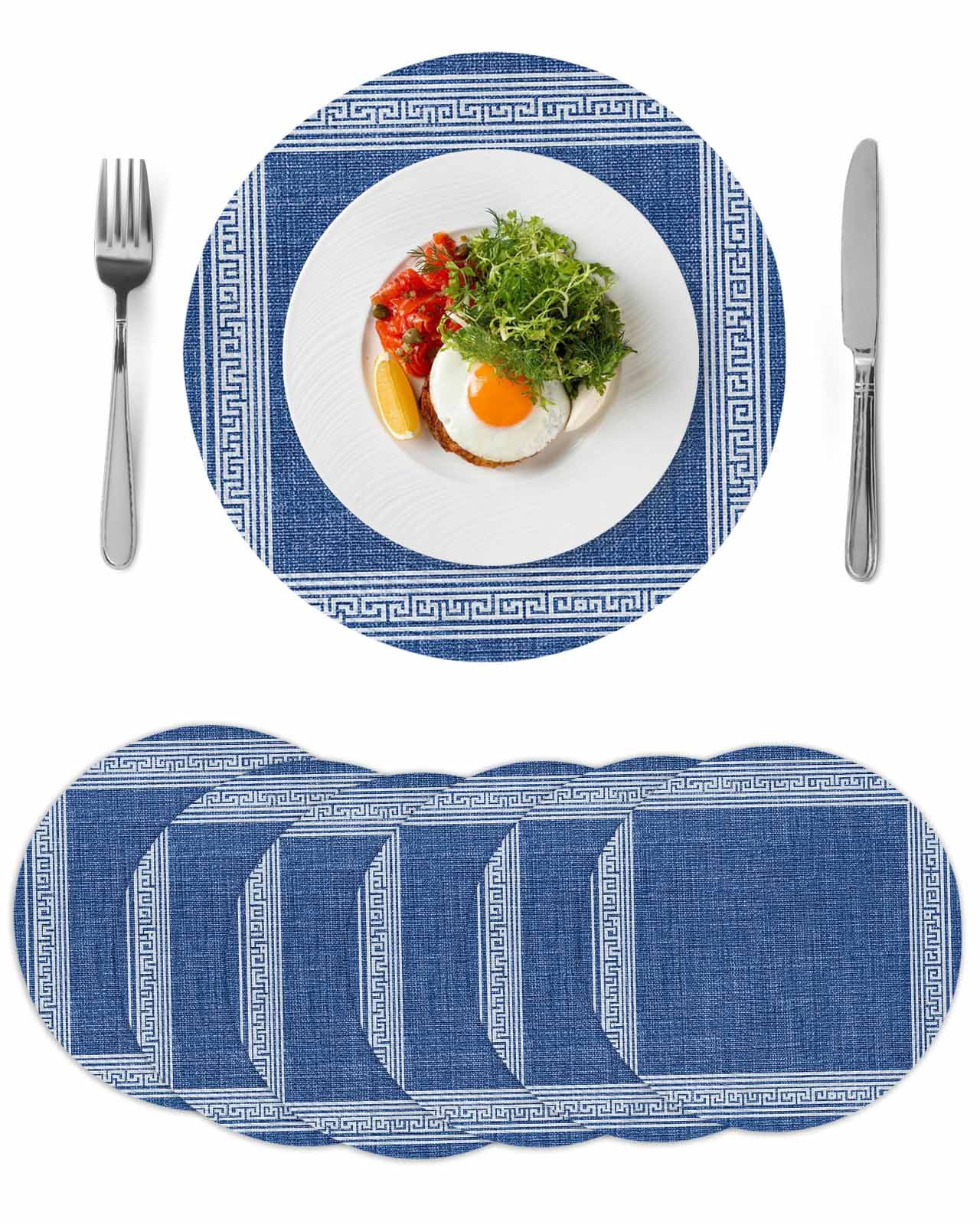 Dark Blue Retro Greek Key Round 13 Inch Placemats Set of 6, Geometric ...