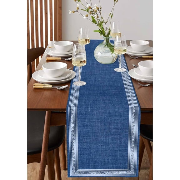 Dark Blue Retro Greek Key Table Runners 108 Inches Long, Cotton Linen Fabric Table Runner Geometric Greece Ancient Meander Fret Tablerunner for Party/Kitchen/Dinner 13.8x108