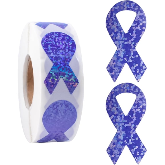 Dark Blue Ribbon Awareness Sticker, 500 PCS Ribbon-Shaped Stickers Circular Dot Flashing Film for Colon Cancer Prostate Cancer Child Abuse Awareness