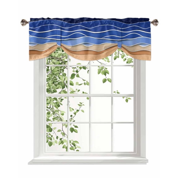Dark Blue Ripple Tie Up Valances Curtain, Dark Blue Gradient Kitchen Valances for Windows Decor, Rod Pocket Short Curtains Set for Bedroom/Bathroom, 60"x18"