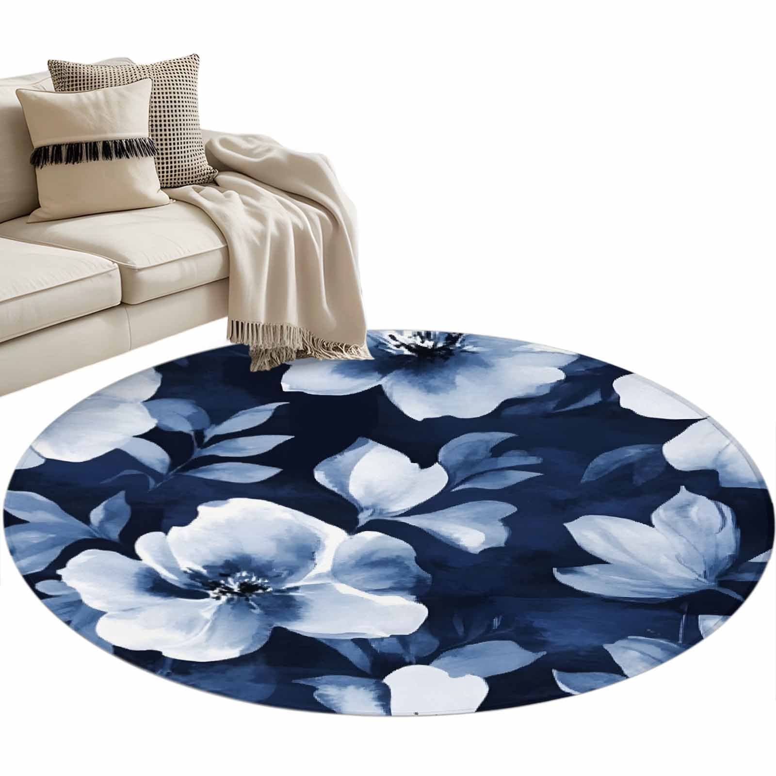 Round Rug Inky Blue Dark Blue Round Area Rug 3ft Flower Blooming Watercolor Ink Floral ...