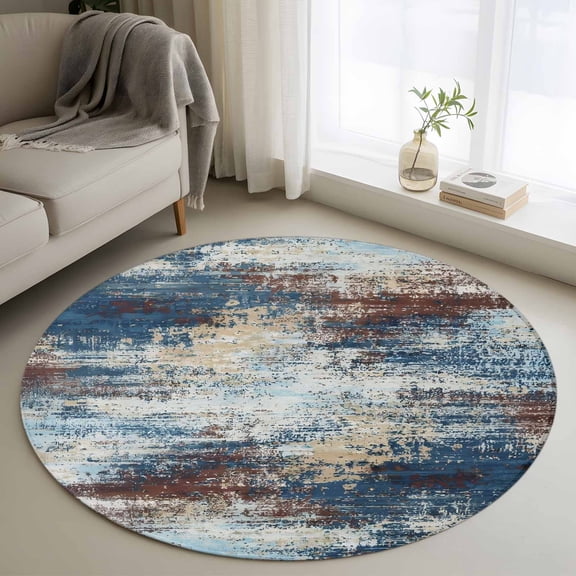 Dark Blue Round Rug 4Ft Brown Abstract Smoky Texture Distressed Mottled Ink Art Circle Area Rugs Washable Non Slip Indoor Floor Mats Carpet for Living Room Bedroom Dining Room Home Decor