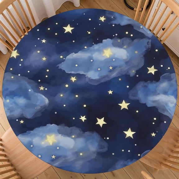 Dark Blue Round Tablecloth 48-52 inch, Stars Clouds Fitted Table Cloth Elastic Edge, Night Sky Watercolor Table Cover Galaxy Universe Space Waterproof Washable, Picnic Camping Dining Party Decor