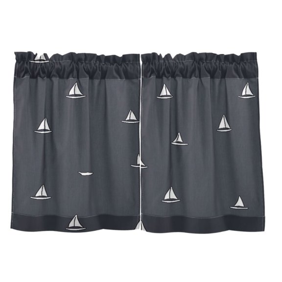 Dark Blue Sailboats 27"x24" Linen Look Cafe Curtain Set with Privacy and UV Protection