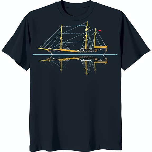 Dark Blue Sailing Ship Graphic T-Shirt with Reflective Water Design