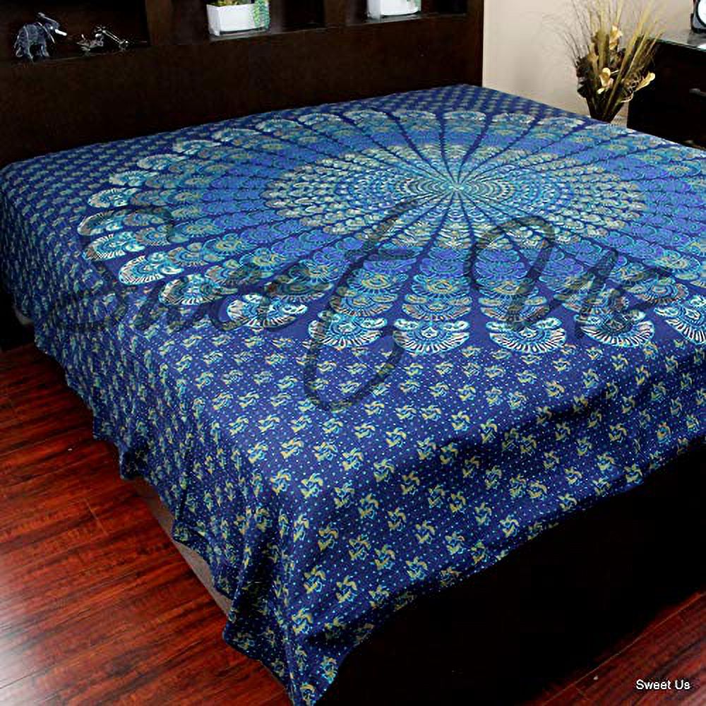 Dark Blue Sanganeer Print Indian Bedspread, Queen Size