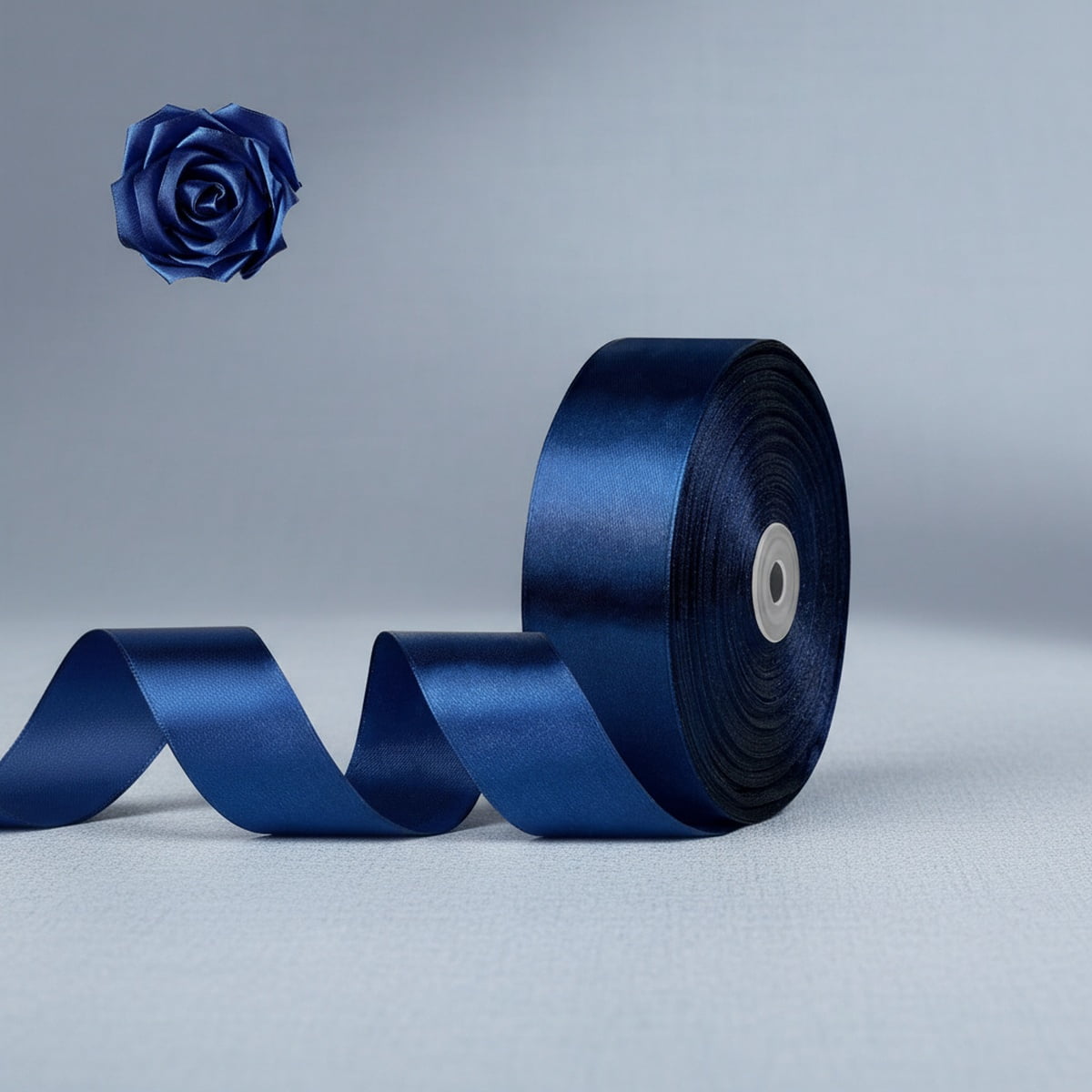 Dark Blue Satin Ribbon, Solid Fabric Ribbon Roll for Flower Bouquet, Gift Wrapping, Roses Making, Handmade Crafts