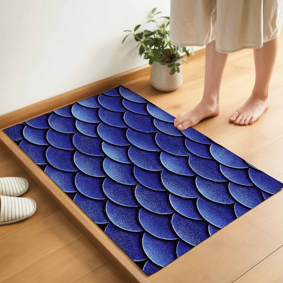 Dark Blue Scale Door Mat 16x24 Inch Gradient Ripple Sparkle Scale Entryway Rug with Non-Slip Rubber, Inside Floor Mats Front Door Rug for Living Room Bathroom Bedroom Home Office