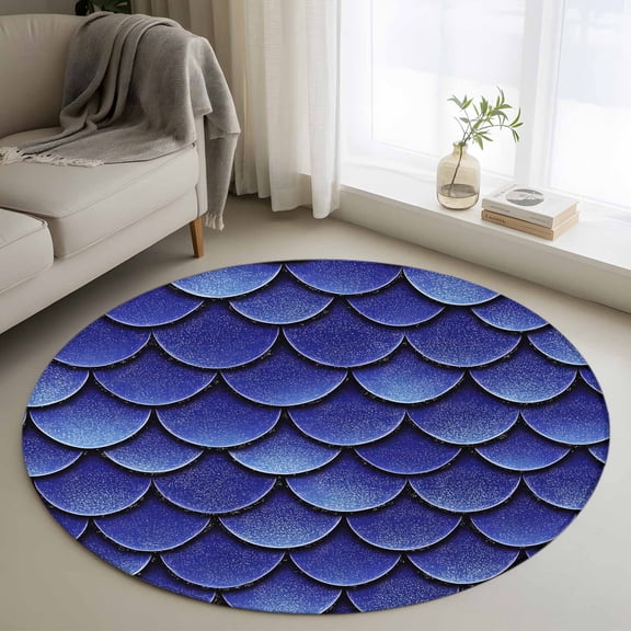 Dark Blue Scale Round Rugs for Living Room 3ft Gradient Ripple Sparkle Scale Non Slip Circle Rug Washable Low-Profile Indoor Carpet for Bedroom, Dining Room, Bathroom