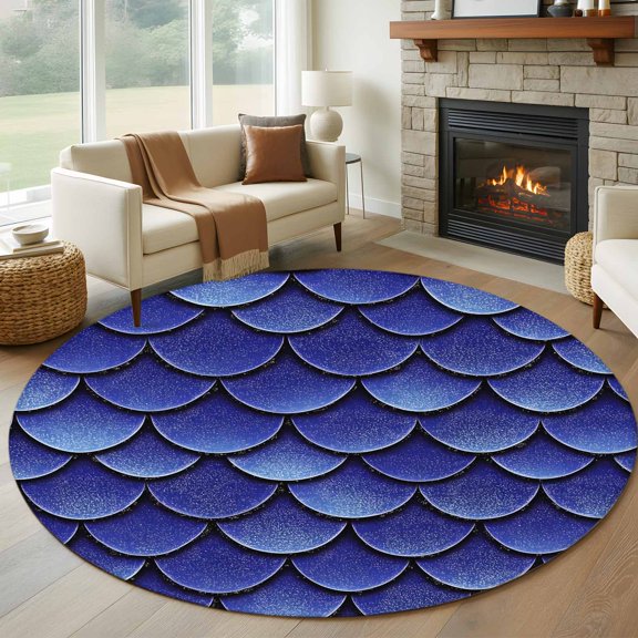 Dark Blue Scale Round Rugs for Living Room 5ft Gradient Ripple Sparkle Scale Non Slip Circle Rug Washable Low-Profile Indoor Carpet for Bedroom, Dining Room, Bathroom