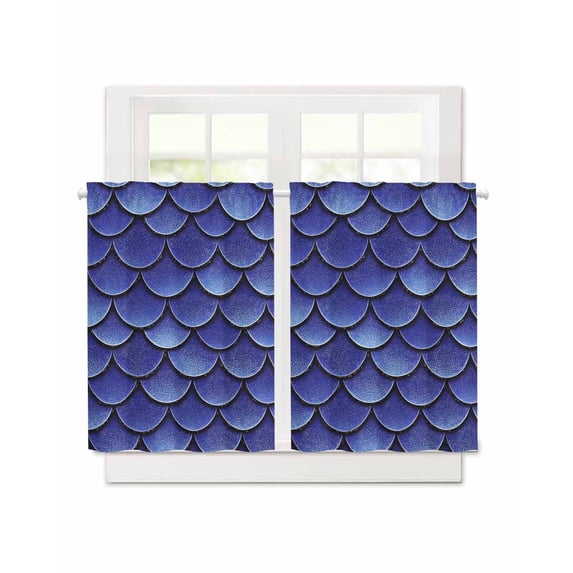 Dark Blue Scale Short Blackout Curtains 45 Inch Long Gradient Ripple Sparkle Scale Rod Pocket Kitchen Curtains, 2 Panels Thermal Insulated Room Darkening Drapes for Bedroom, 30"W x 45"L