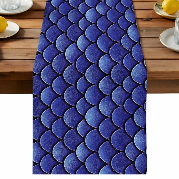 Dark Blue Scale Table Runner, Gradient Ripple Cotton Linen Table Cloth, Sparkle Scale Tablerunner for Kitchen Dining Party Wedding Home Decor 13x36 Inch