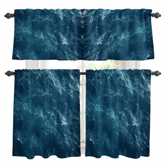 Dark Blue Sea Kitchen Curtains Valances and Tiers Set of 3 Vintage Abstract Gradient Ocean Waves Silhouette Tier Curtains and Valance with Rod Pocket for Small Windows, 27.5"x36"