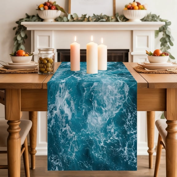 Dark Blue Sea Table Runner, Abstract Cyan Swirling Currents Washable Cotton-linen Table Runners Dining Kitchen Decoration for Everyday Home Wedding Party Decor, 18 x72 Inch
