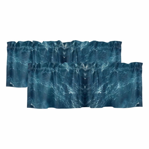Dark Blue Sea Window Valance, Vintage Abstract Gradient Ocean Waves Silhouette 2 Pack Decorative Curtain for Small Windows, Light Filtering Valance with 3” Rod Pocket, 42"W x 12"L
