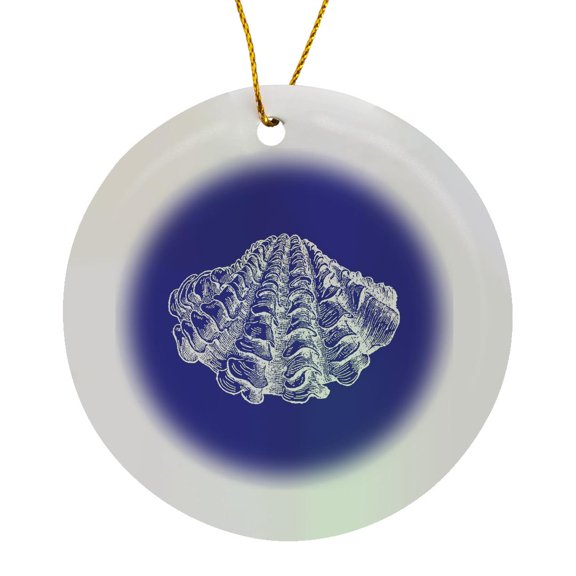 3drose, Dark Blue Seashell Etching Print. Modern Sea Shell Clam Beach Ocean, Circle Porcelain Ornament