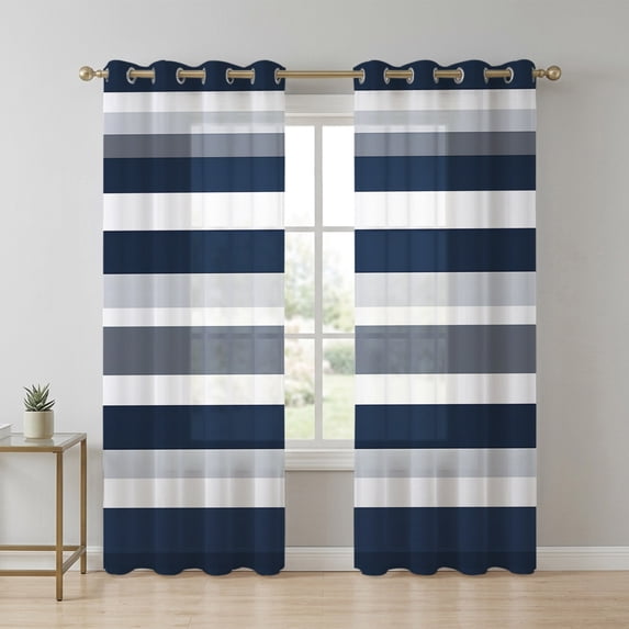 Dark Blue Sheer Curtains 72 Inch Long 2 Panels, and Grey Stripe ...