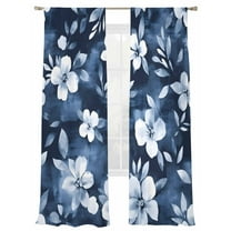 Dark Blue Sheer Curtains for Living Room Bedroom, Light-filtering Sheer Curtain, Wildflower Watercolor Ink Floral Leaves Botanical Rod Pocket Voile Window Treatment Drapes, 52’’Wx96’’L, 2 Panels Set