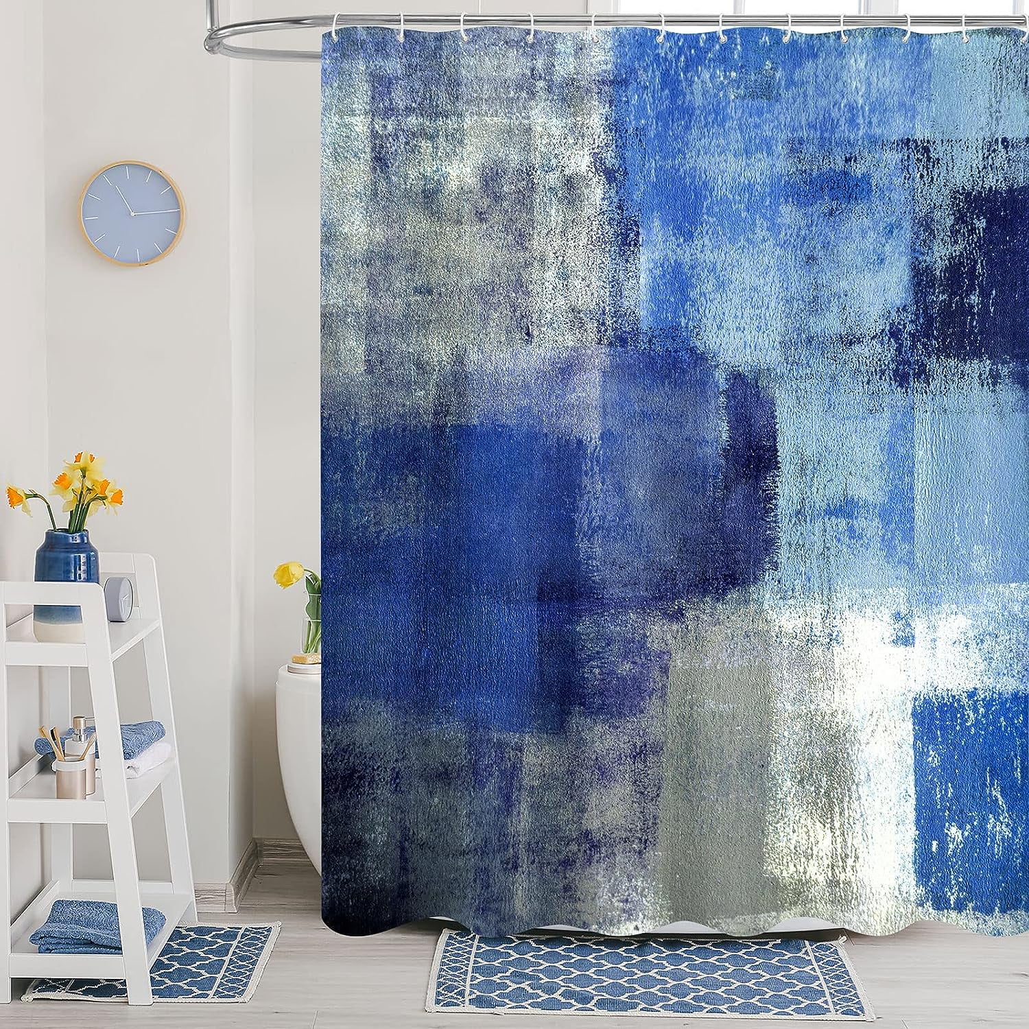 Dark Blue Shower Curtain Set, Abstract Geometric Fabric Shower Curtain ...