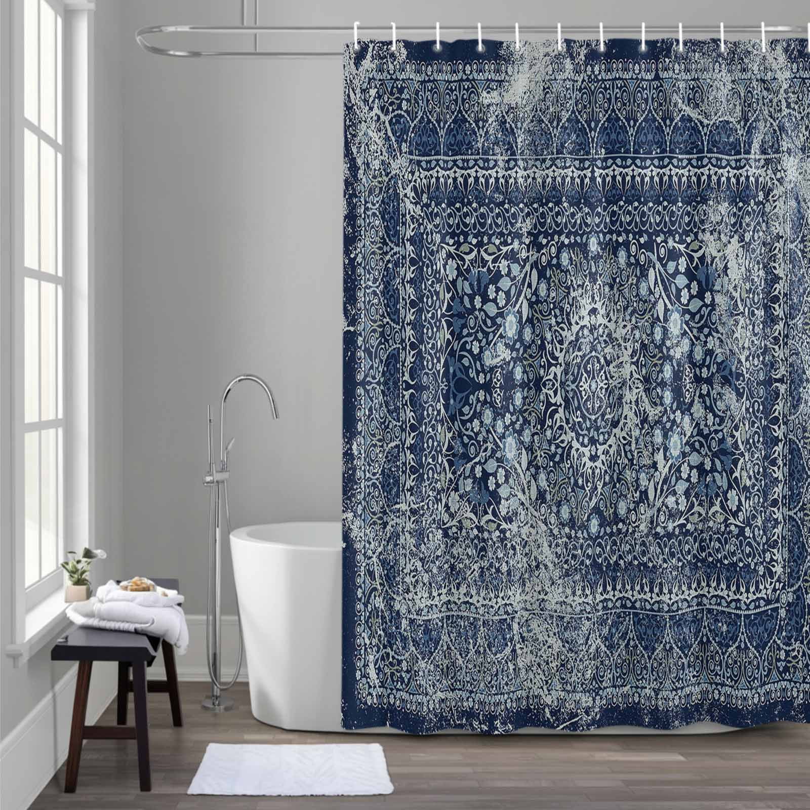 Dark Blue Shower Curtain for Bathroom Decor, Medieval Ethnic Waterproof