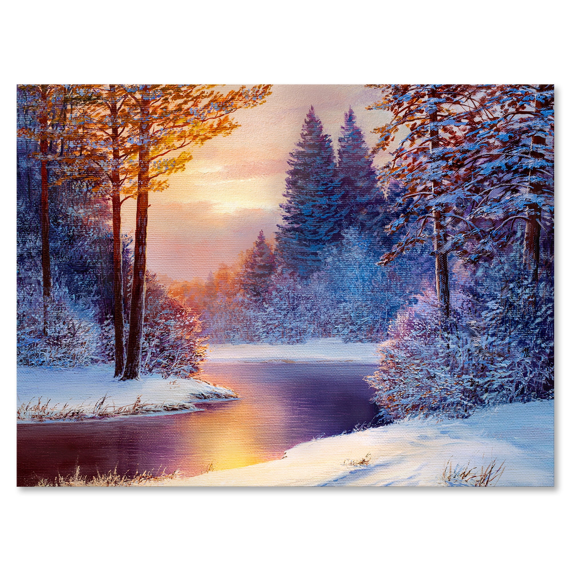 Dark Blue Silhouettes of Trees With Winding River 12 in x 8 in Painting Canvas Art Print, by Designart