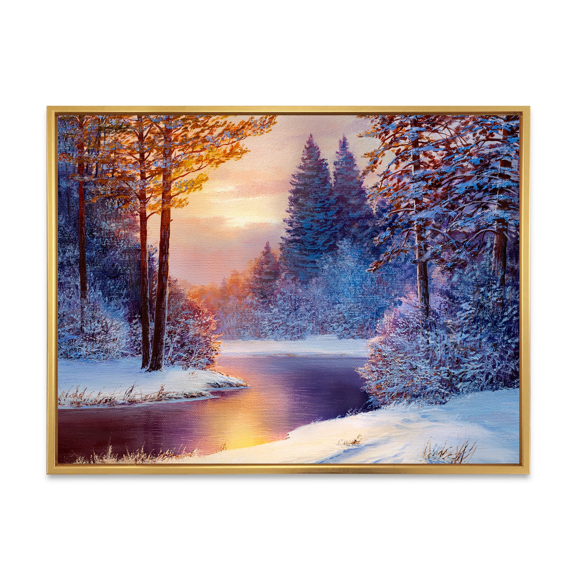 Dark Blue Silhouettes of Trees With Winding River 20 in x 12 in Framed Painting Canvas Art Print, by Designart