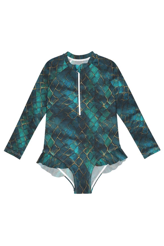 Dark Blue Snakeskin One-Piece Swimsuit Long Sleeve UV Sun Protection UPF50+ Rashguard Front Zip Quick-Dry Swimwear for 3-12 Years