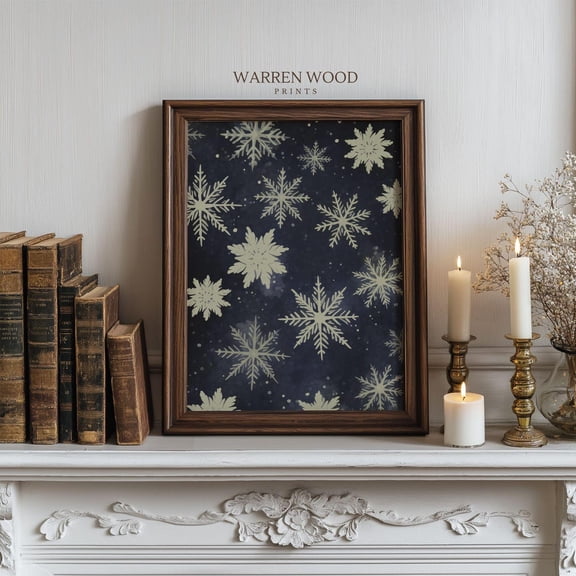 Dark Blue Snowflake Wall Art Print, Vintage Christmas Pattern Decor