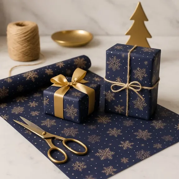 Dark Blue Snowflake Wrapping Paper Roll - 1 Roll Extra Long, Double-Sided Winter Snowflakes & Navy Blue Gift Wrap, Kraft Paper with Plastic Core, 16.9x118 Inches for Christmas, New Year's