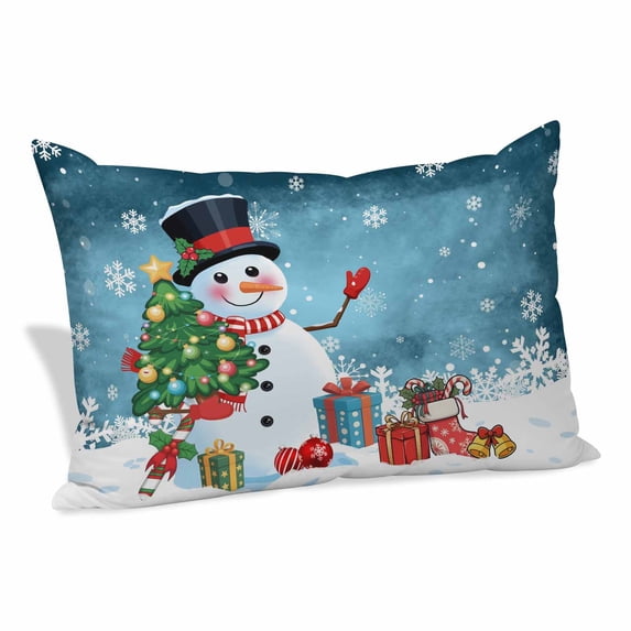 Dark Blue Snowman Christmas Pillow Covers, Linen Long Throw Pillow Case, Gifts Xmas Tree Winter Snowflake Holiday Pillow Protector Decorative Cushion Cover for Living Room/Bedroom 24" x 36"