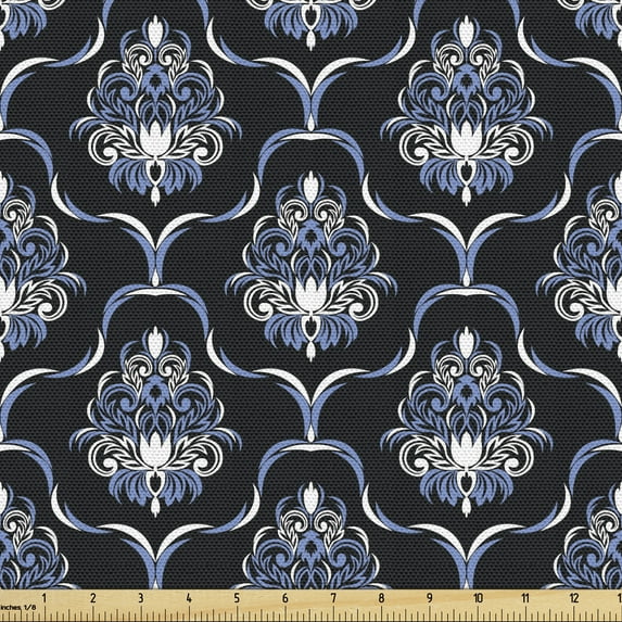 Ambesonne Dark Blue Fabric by the Yard Upholstery, Vintage Royal Damask, 1 Yard, Pale Blue Dark Blue
