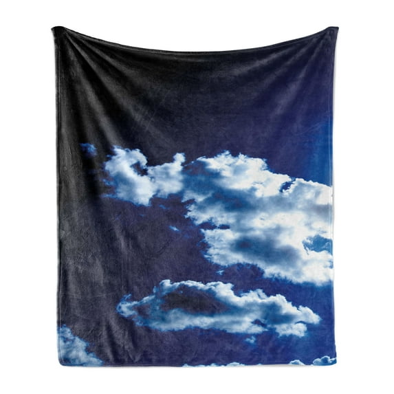 Dark Blue Soft Flannel Fleece Blanket, Sky and Dramatic Clouds Natural Phenomena Sunset Sunrise Theme Majestic, Cozy Plush for Indoor and Outdoor Use, 70" x 90", Blue Dark Blue White, by Ambesonne