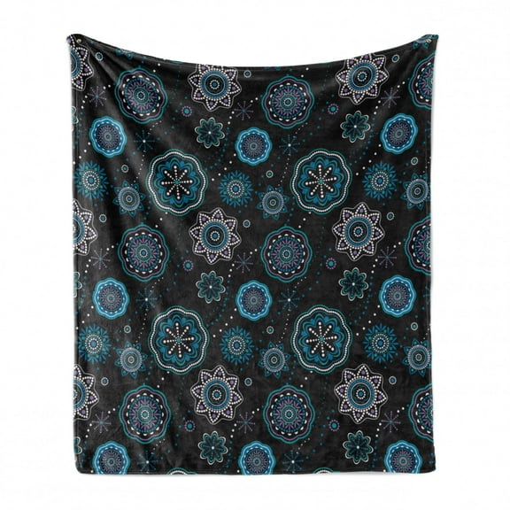 Dark Blue Soft Flannel Fleece Throw Blanket, Eastern Style Snowflakes Mandala Lace Circle Fashion on Dark Background, Cozy Plush for Indoor and Outdoor Use, 50" x 60", Multicolor, by Ambesonne