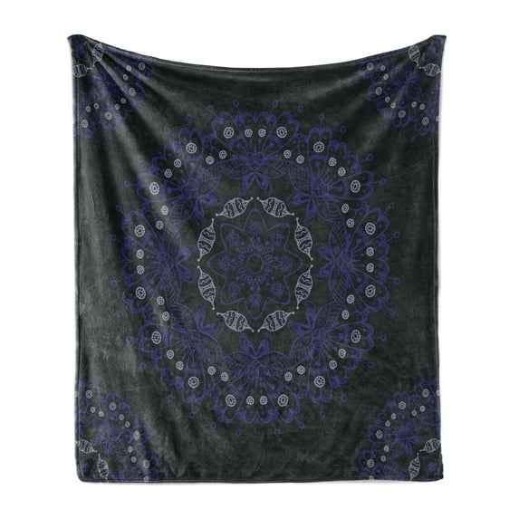 Dark Blue Soft Flannel Fleece Throw Blanket, Oriental Round Ornate Mandala Lace Style Eastern, Cozy Plush for Indoor and Outdoor Use, 50" x 60", Blue Violet Coconut, by Ambesonne