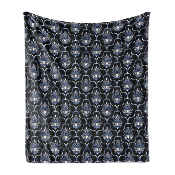 Dark Blue Soft Flannel Fleece Throw Blanket, Vintage Royal Damask Motifs Swirls Curvy Tile Victorian Fashion, Cozy Plush for Indoor and Outdoor Use, 50" x 60", Pale Blue Dark Blue, by Ambesonne