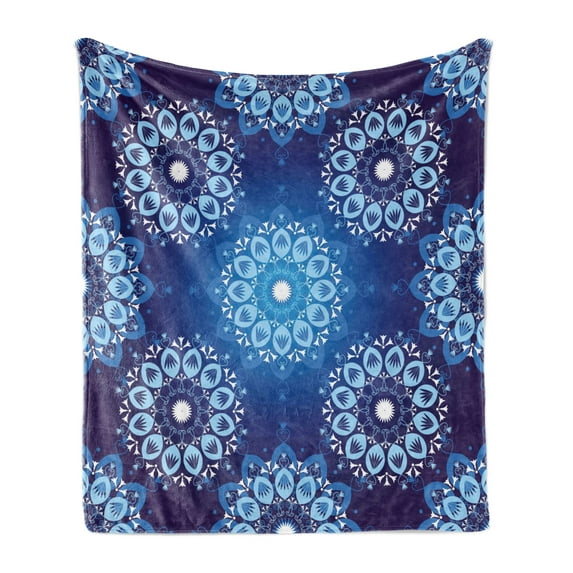 Dark Blue Soft Flannel Fleece Throw Blanket, Vintage Style Christmas Pattern with Lace Like Snowflake Motifs Romantic, Cozy Plush for Indoor and Outdoor Use, 50" x 70", Sky Blue White, by Ambesonne