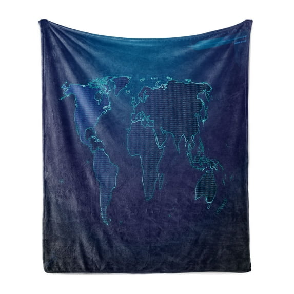 Dark Blue Soft Flannel Fleece Throw Blanket, World Map on Modern Background Illustration, Cozy Plush for Indoor and Outdoor Use, 50" x 70", Indigo Cobalt Blue, by Ambesonne