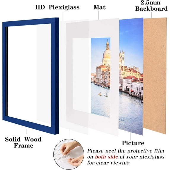 Dark Blue Solid Wood Picture Frame 16x20 with Mat or 20x24 Without Mat for Wall or Desktop Display
