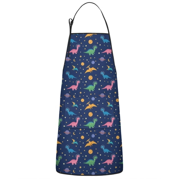 Dark Blue Space Dinosaur Pattern Apron-Garden Aprons for Women with Pockets-Cotton Linen Waterproof Kitchen Cooking Gardening Aprons Adjustable for Kitchen,Cooking,BBQ and Salon 33x27 Inch