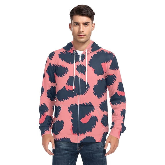 Dark Blue Spots Pink Men’s Hoodies Sweatshirt with Full Zip Pockets Fleece Jackets