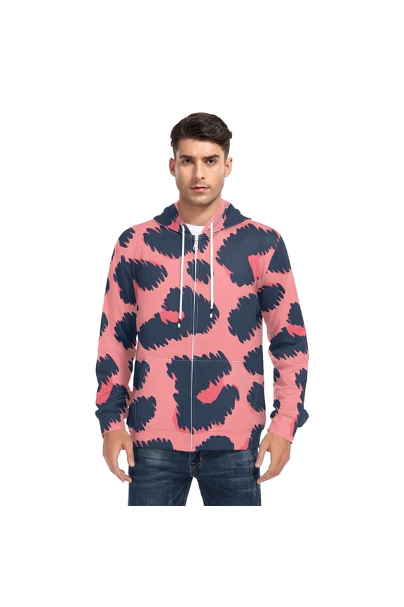 Dark Blue Spots Pink Men’s Hoodies Sweatshirt with Full Zip Pockets Fleece Jackets