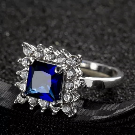 Dark Blue Square Cut Band Flower Claw Women's 925 Silver Wedding Ring Size 6-10